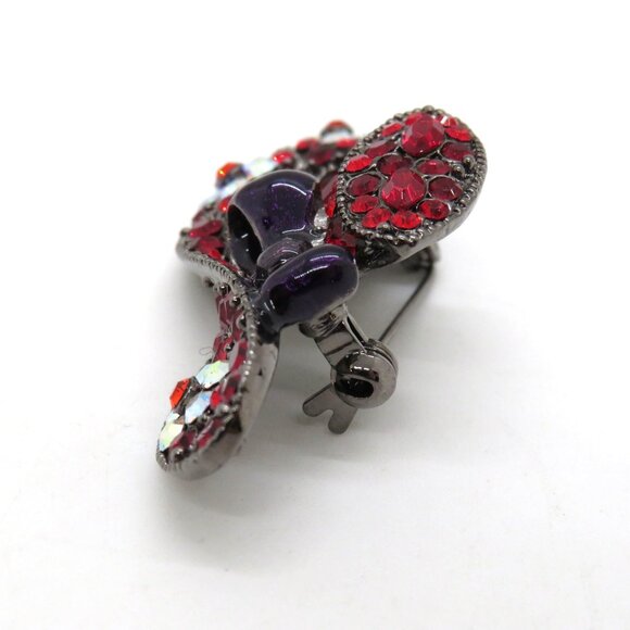 Red Rhinestone Hat Brooch Purple Enamel Bow Clear Flowers 2" Pin Gunmetal Gray - Picture 2 of 7